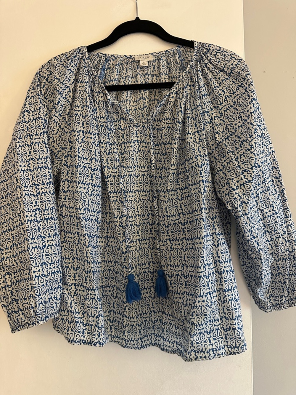 J. Crew Factory Blue and White Printed Peasant Top with Tassels